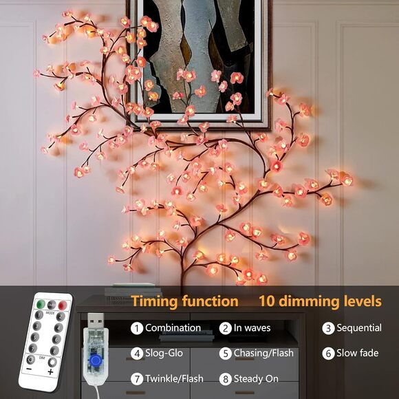 Cherry Blossom Willow Vine Lights 4FT 48 LED Pink Tree Branch Fairy Wall Decor - Picture 3 of 8